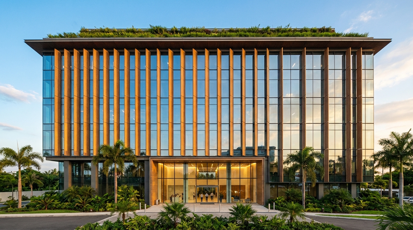 Lobby de edificio comercial con display de energía